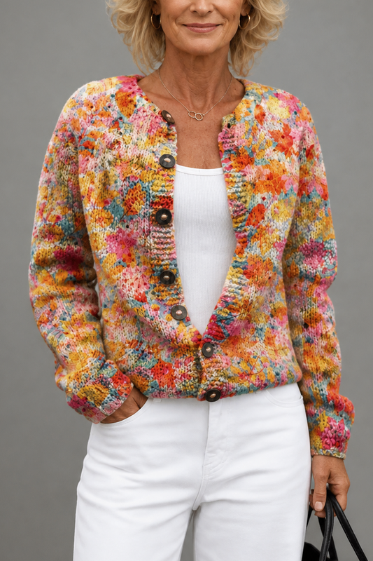 Floral Print Open-Front Knit Cardigan