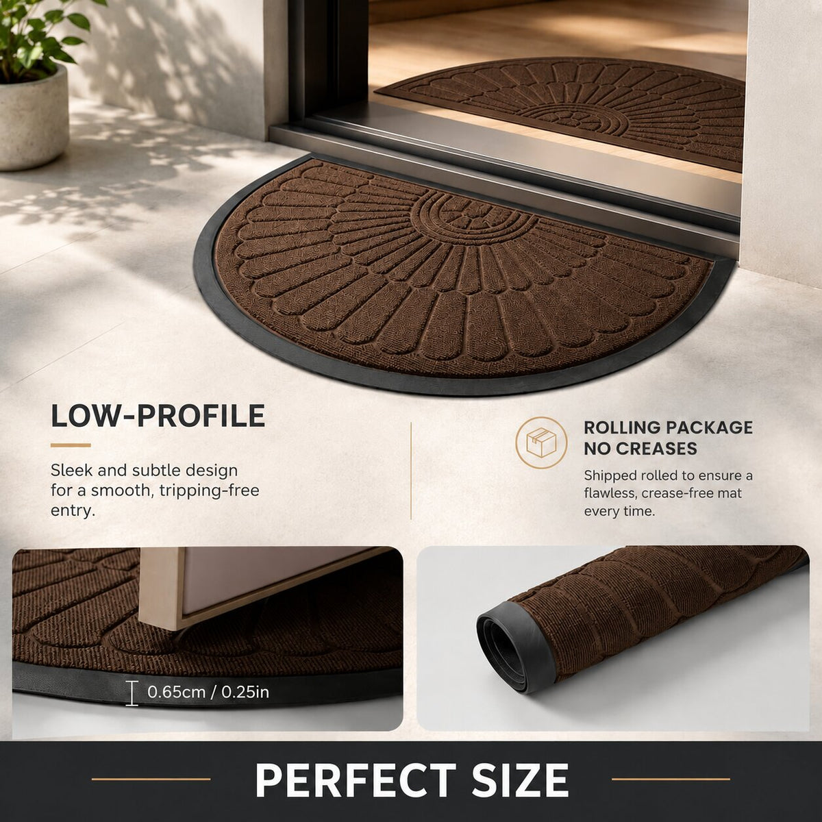 Half-Moon Rubber Doormat | Non-Slip Dirt-Trapping Mat for Indoors & Outdoors | Heavy-Duty Entryway Mat for Front Door and Patio