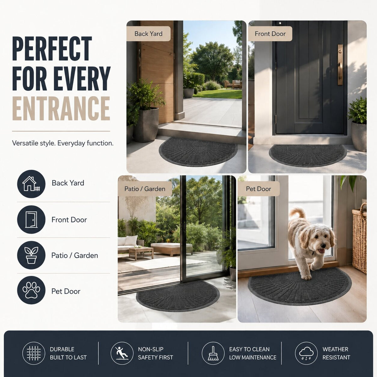 Half-Moon Rubber Doormat | Non-Slip Dirt-Trapping Mat for Indoors & Outdoors | Heavy-Duty Entryway Mat for Front Door and Patio