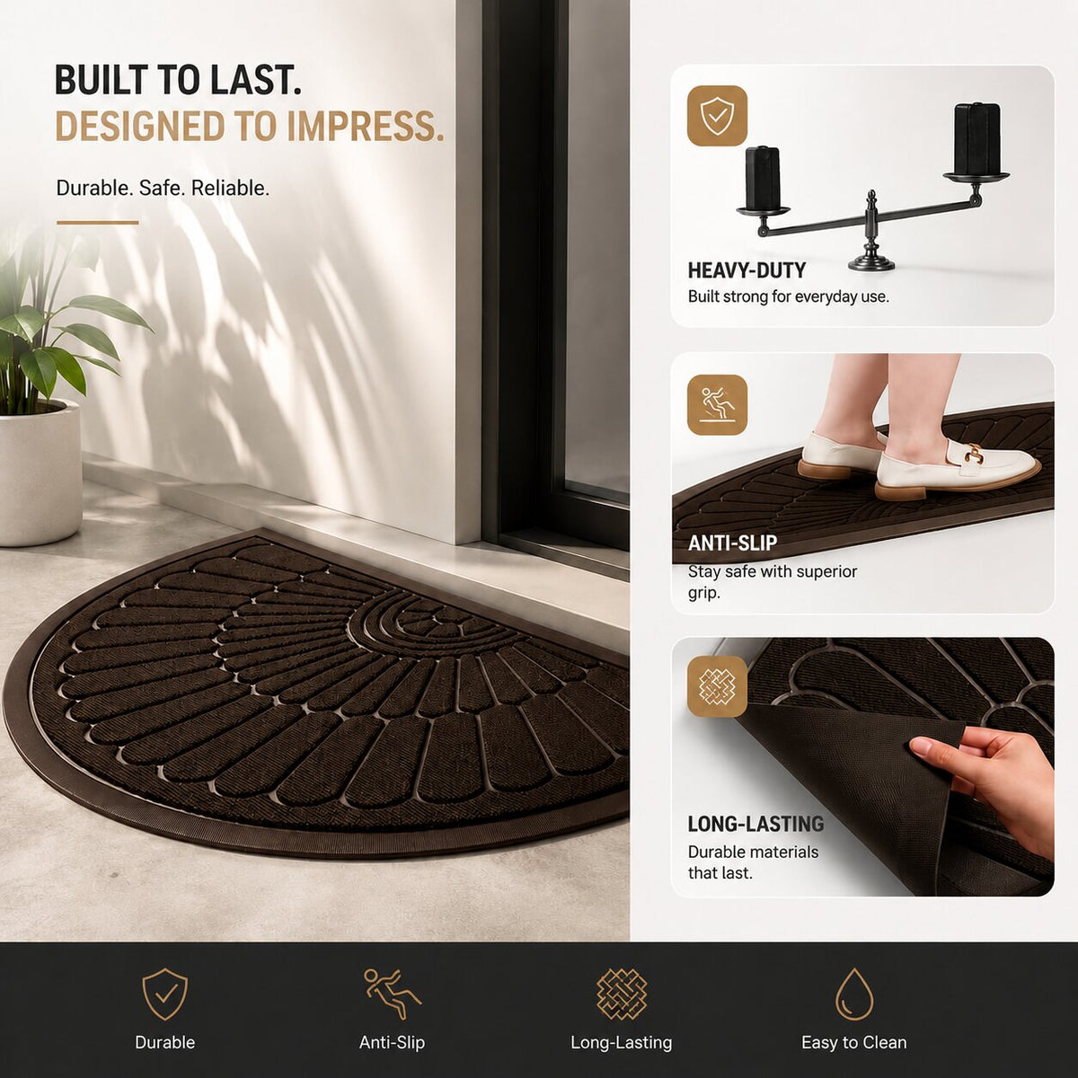 Half-Moon Rubber Doormat | Non-Slip Dirt-Trapping Mat for Indoors & Outdoors | Heavy-Duty Entryway Mat for Front Door and Patio
