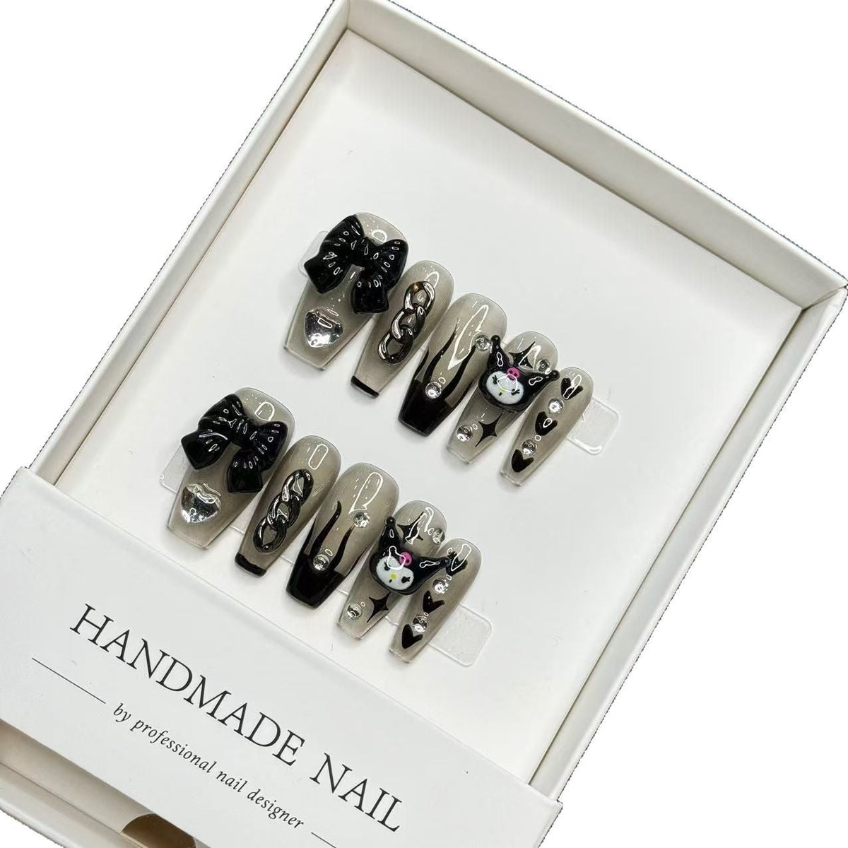 Handmade Decorative Press-On Nail Set with Bow and Cat Accents