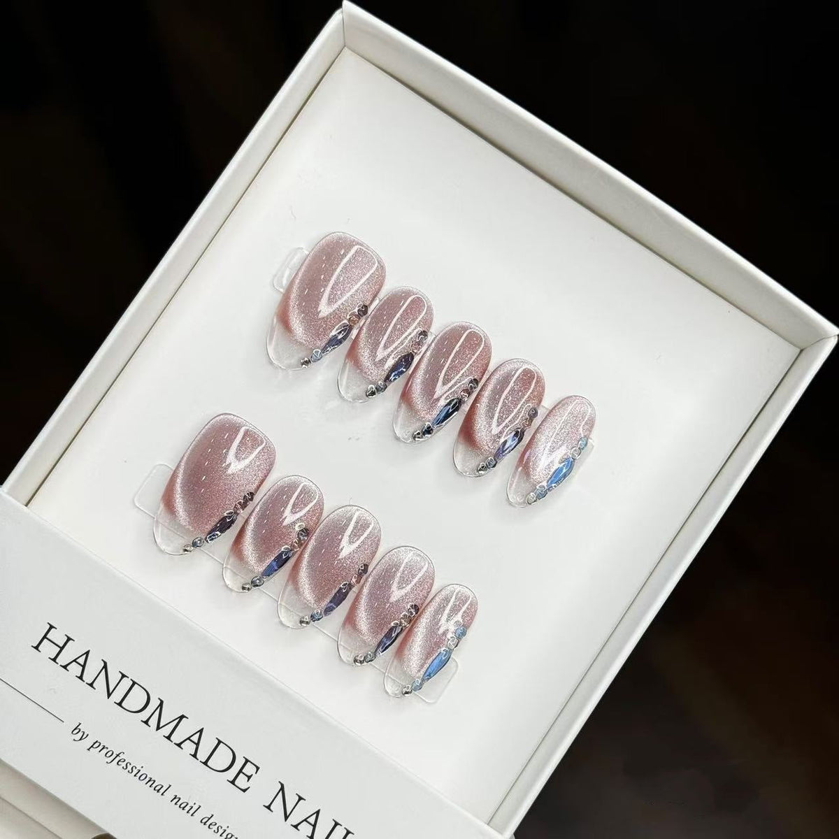 Handmade Press-On Nail Set with Glitter and Gem Embellishments