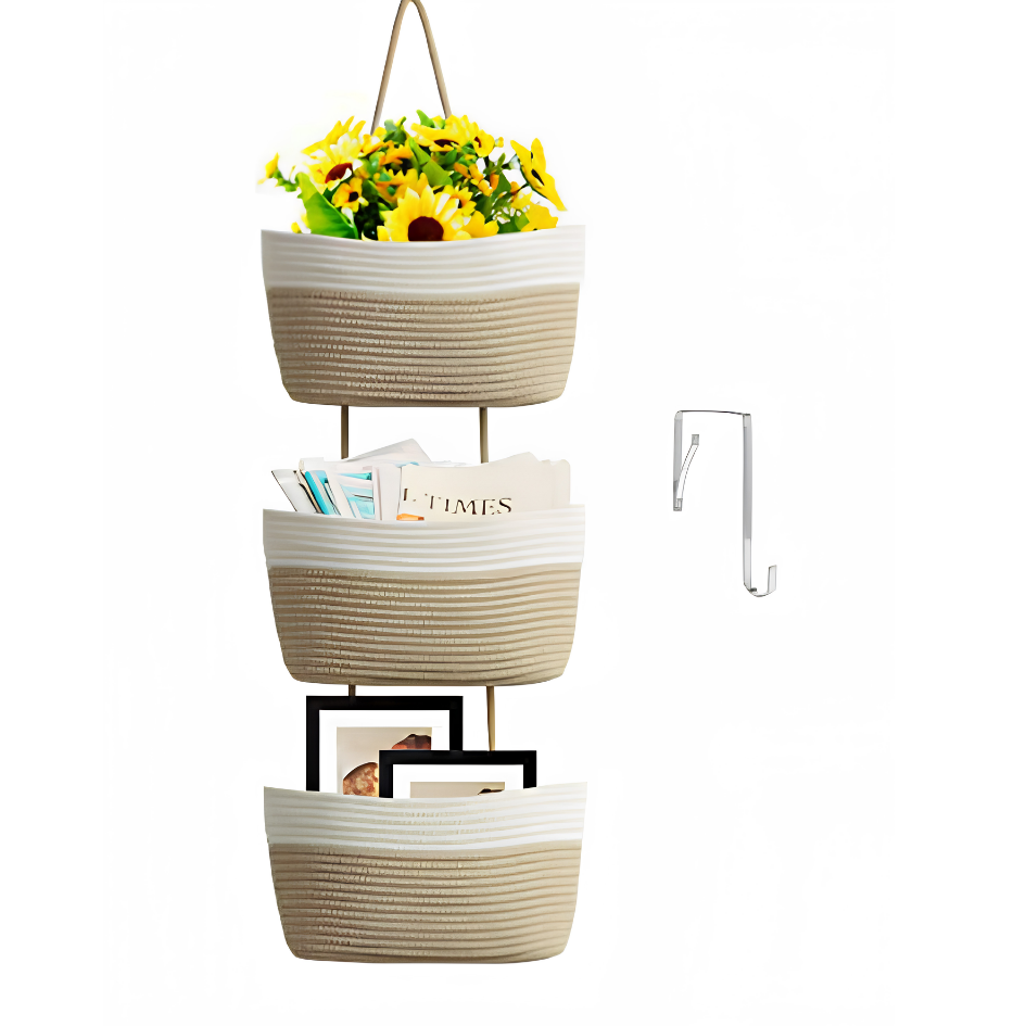 Hanging Storage Basket with 3 Compartments & Door Hooks | Vertical Storage Solutions