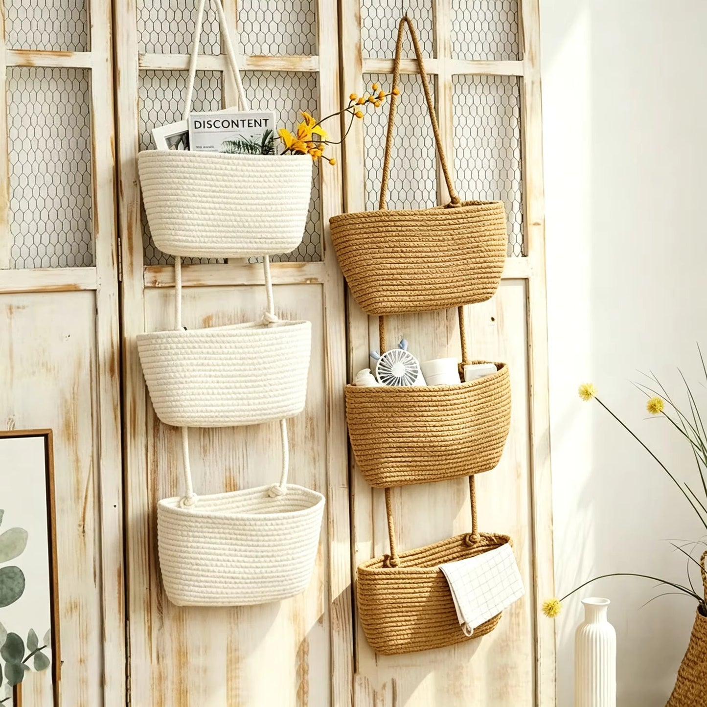 Hanging Storage Basket with 3 Compartments & Door Hooks | Vertical Storage Solutions