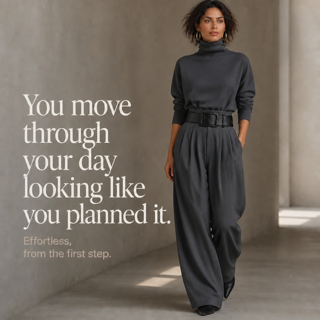 High-Waist Turtleneck and Trousers Set with Belt