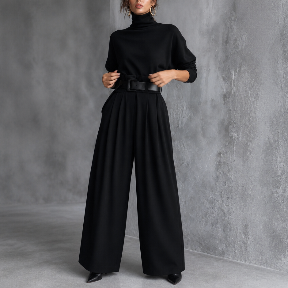 High-Waist Turtleneck and Trousers Set with Belt