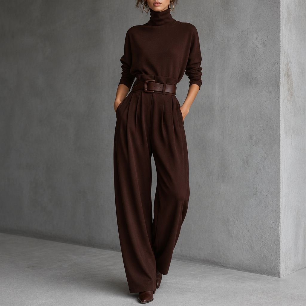 High-Waist Turtleneck and Trousers Set with Belt