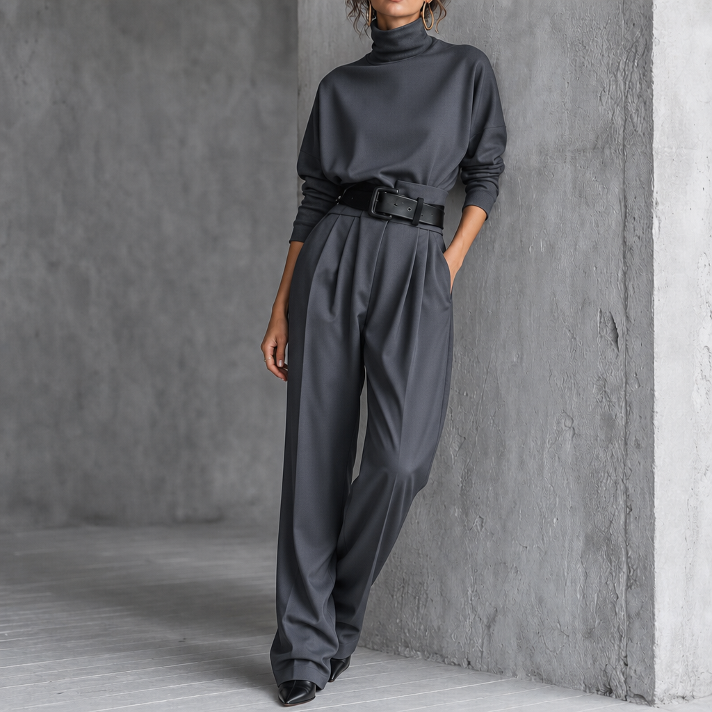 High-Waist Turtleneck and Trousers Set with Belt