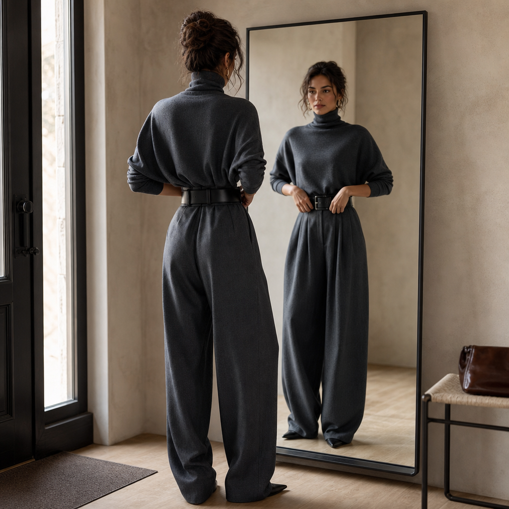 High-Waist Turtleneck and Trousers Set with Belt