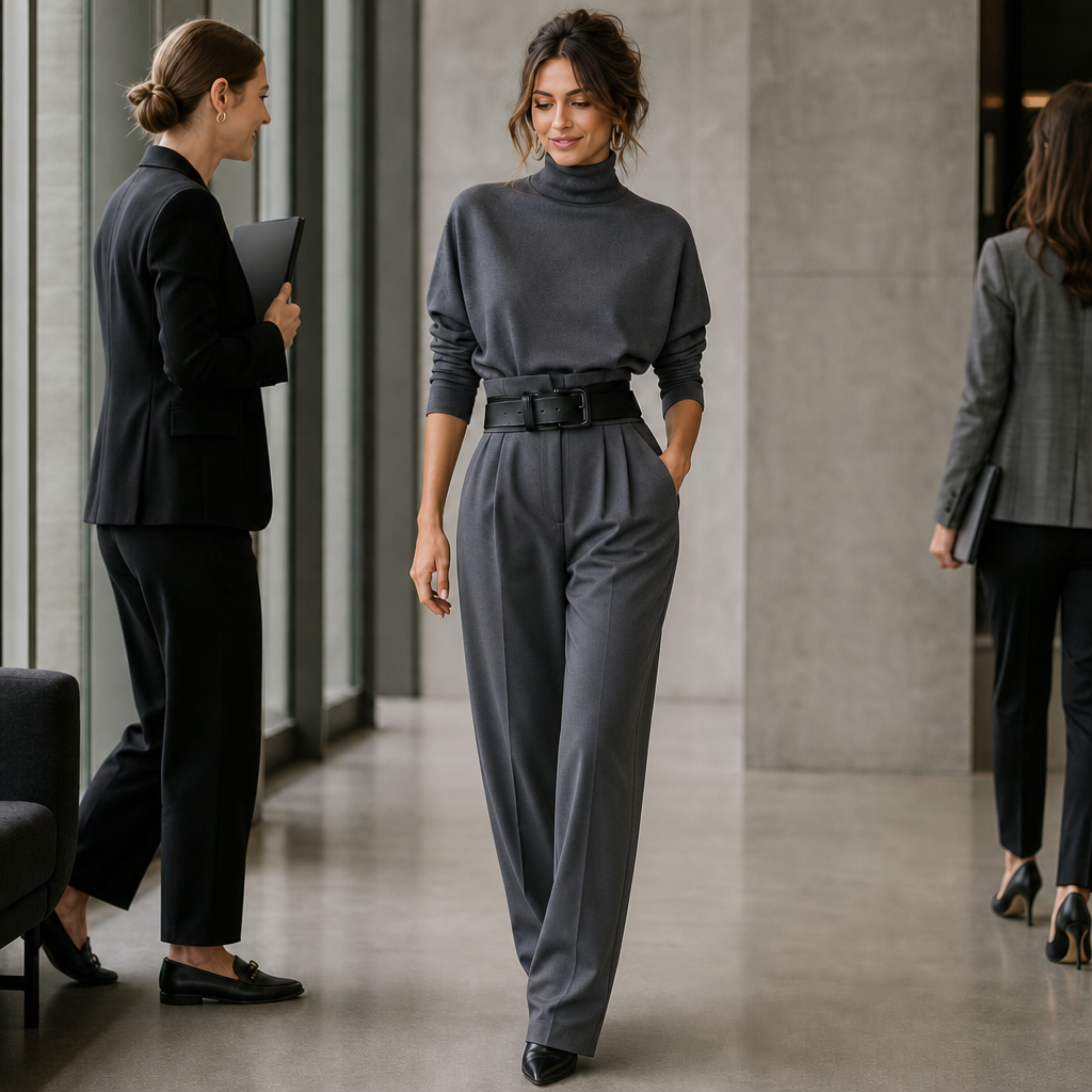 High-Waist Turtleneck and Trousers Set with Belt