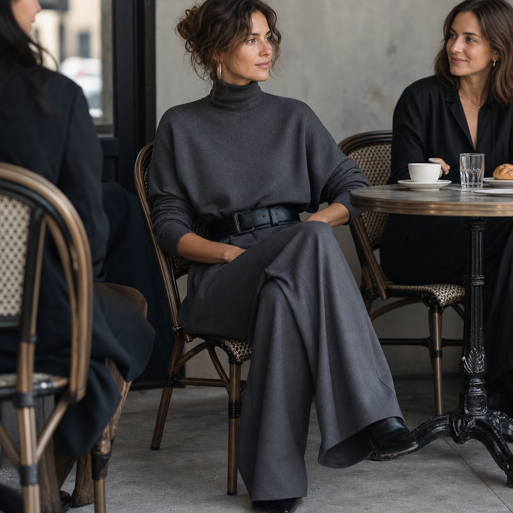 High-Waist Turtleneck and Trousers Set with Belt