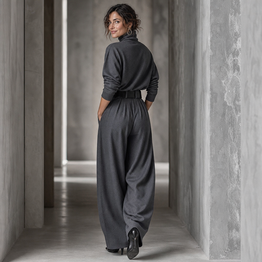 High-Waist Turtleneck and Trousers Set with Belt