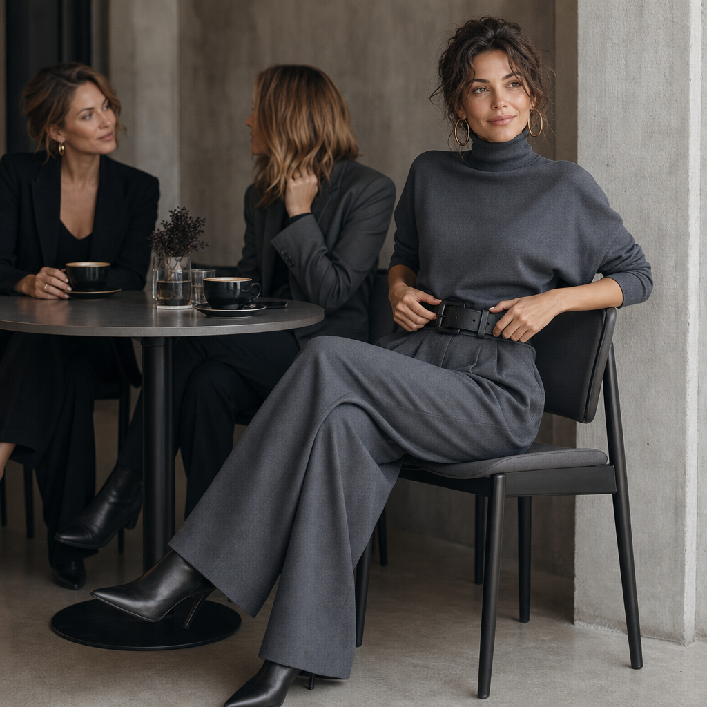 High-Waist Turtleneck and Trousers Set with Belt
