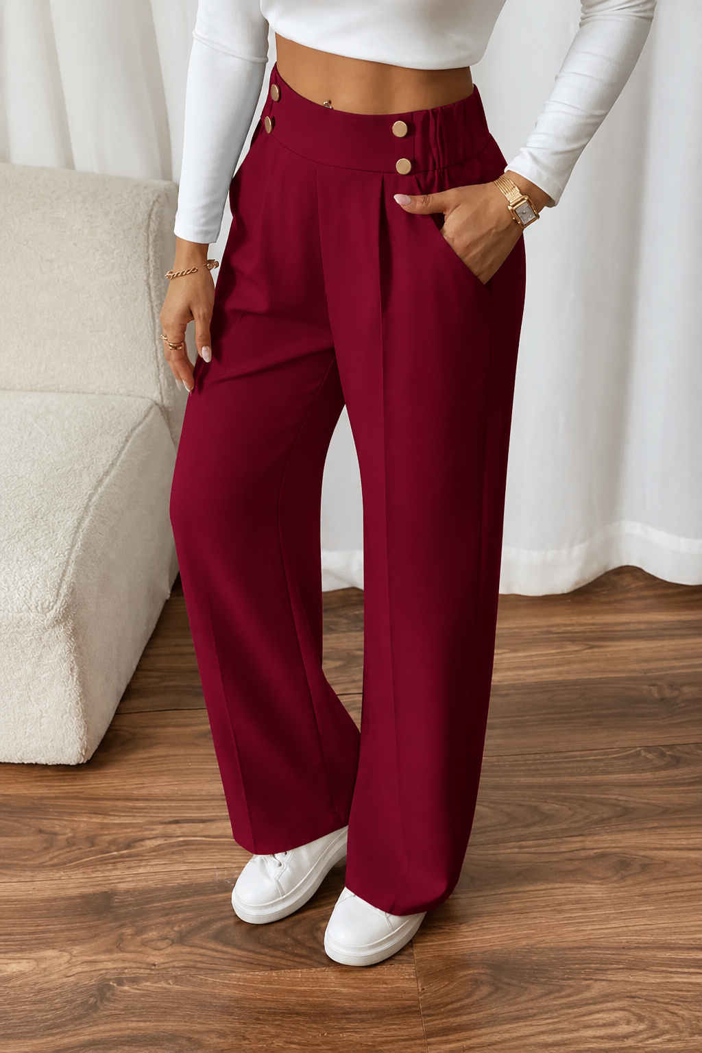 High-Waist Wide-Leg Trousers with Metallic Buttons