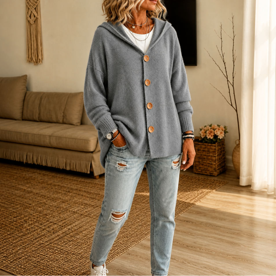 Hooded Waffle-Knit Button-Front Cardigan