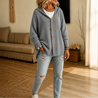 Hooded Waffle-Knit Button-Front Cardigan