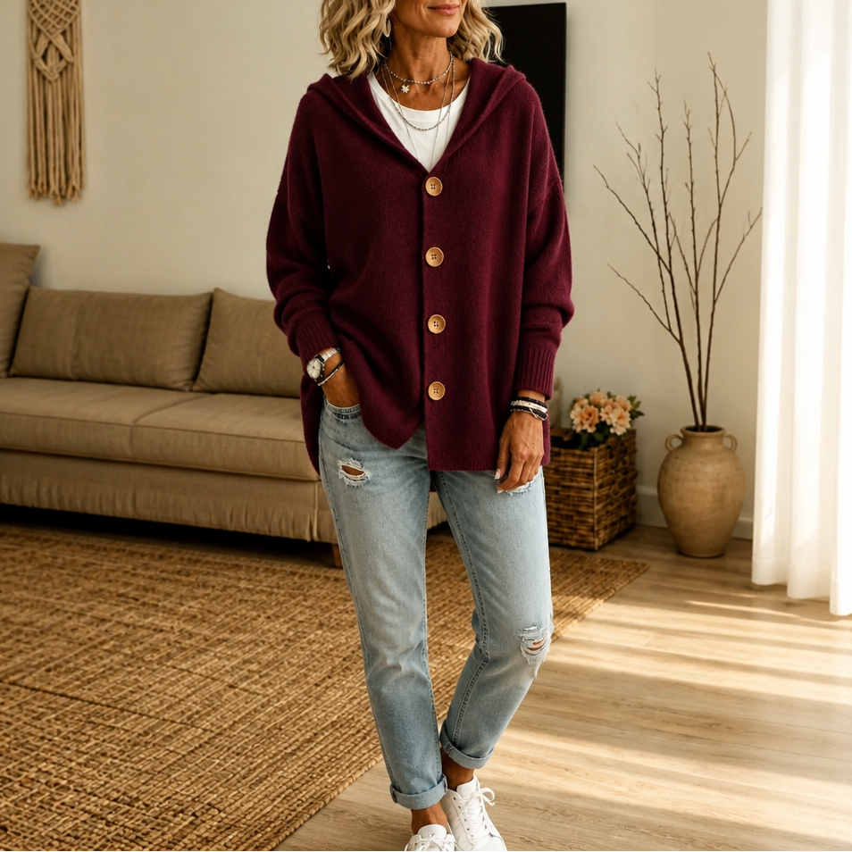 Hooded Waffle-Knit Button-Front Cardigan