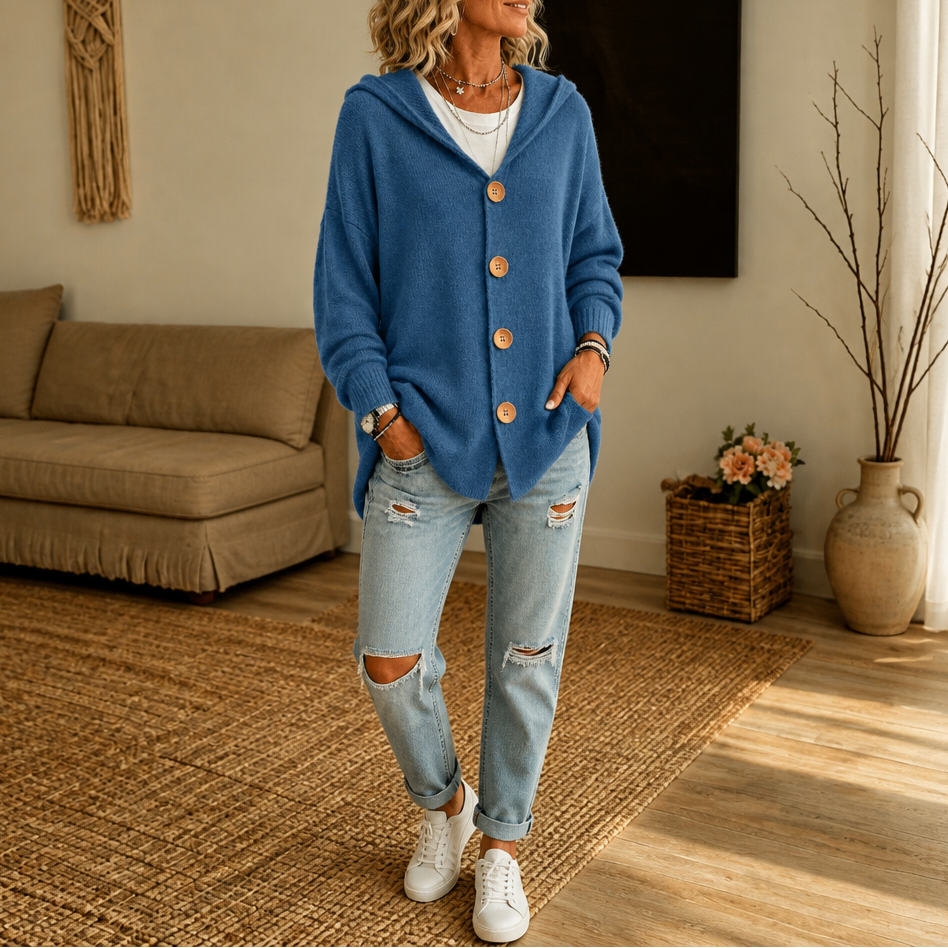 Hooded Waffle-Knit Button-Front Cardigan