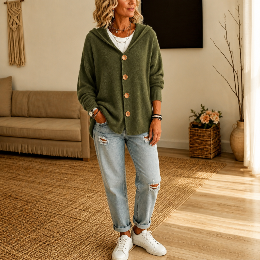 Hooded Waffle-Knit Button-Front Cardigan