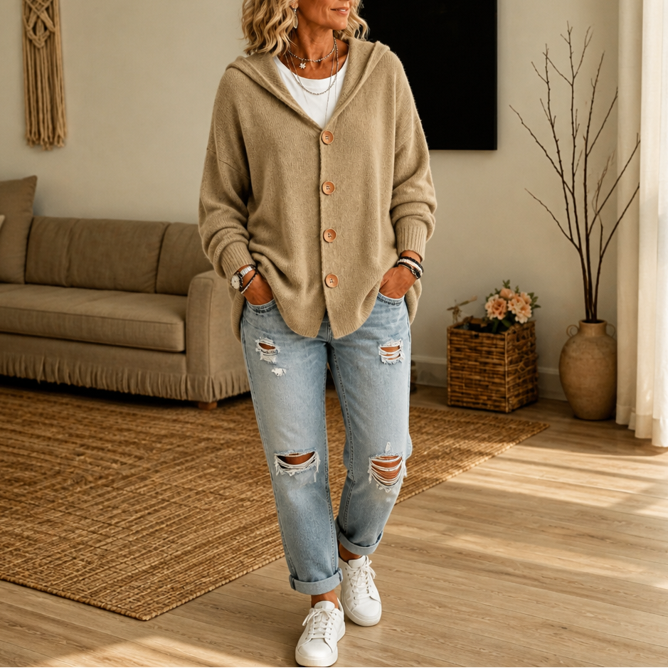Hooded Waffle-Knit Button-Front Cardigan