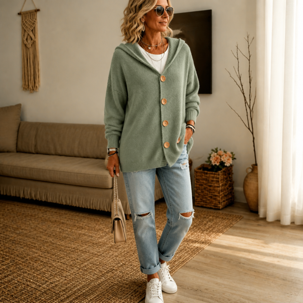 Hooded Waffle-Knit Button-Front Cardigan