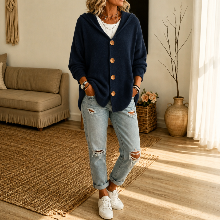 Hooded Waffle-Knit Button-Front Cardigan