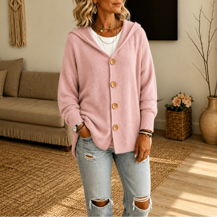 Hooded Waffle-Knit Button-Front Cardigan