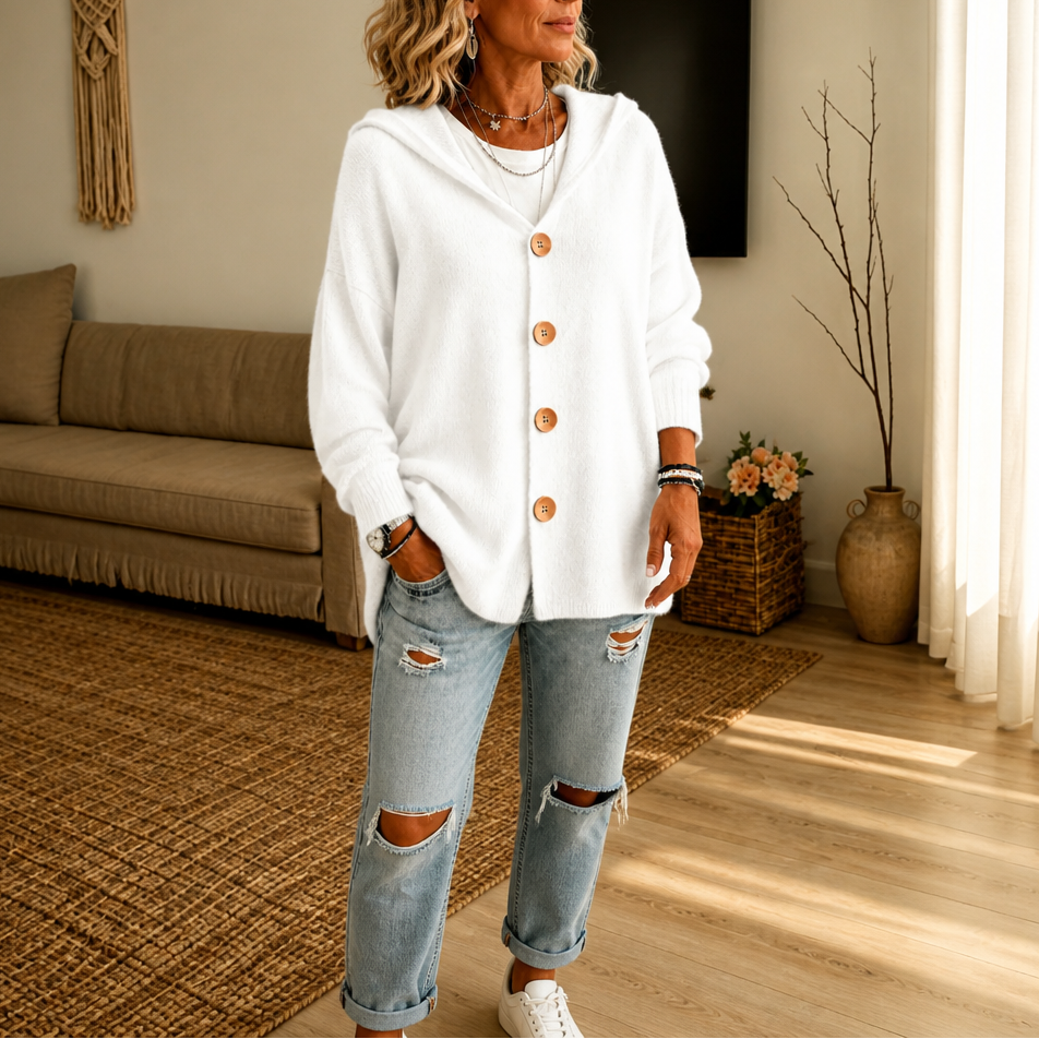 Hooded Waffle-Knit Button-Front Cardigan