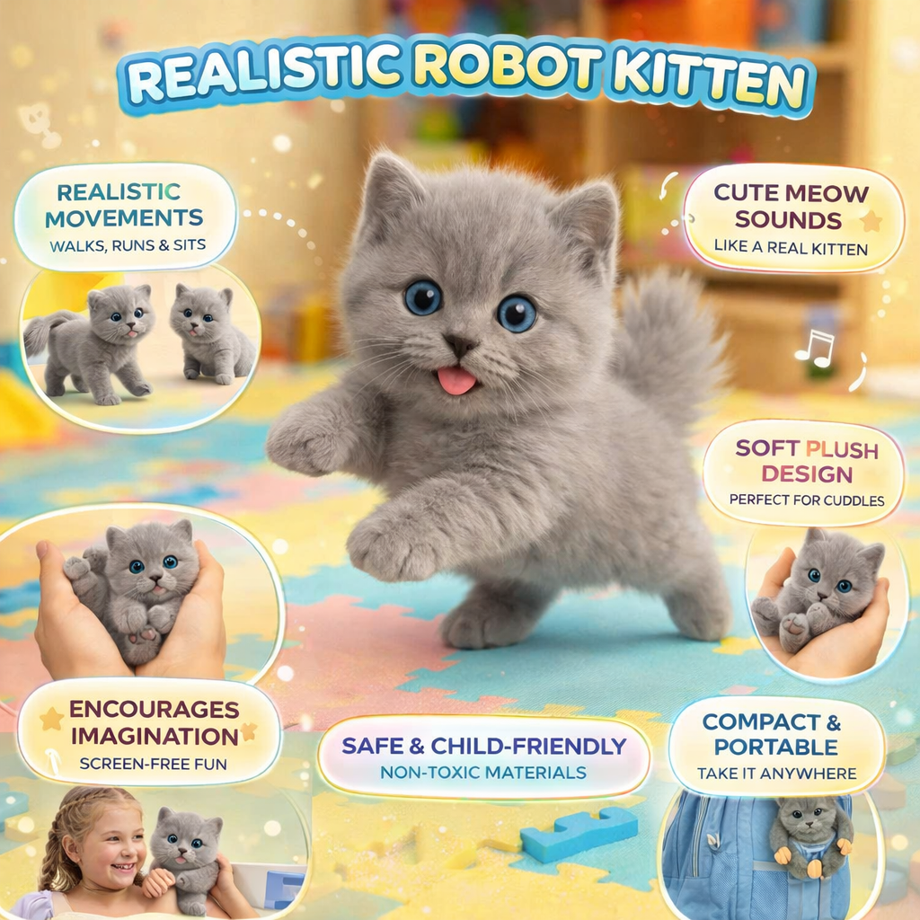 Interactive Grey Robot Kitten Toy with Realistic Movements