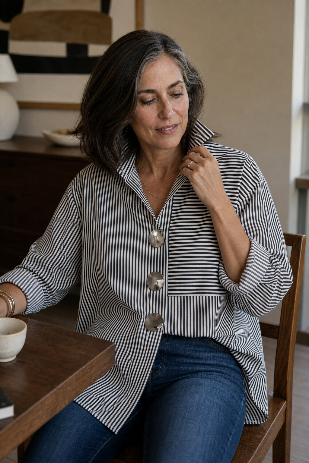 Irregular Stripe Stand Collar Shirt