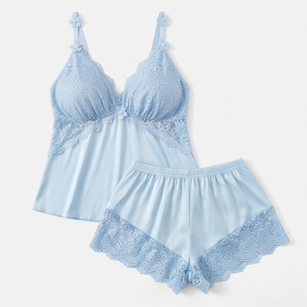 Lace Trim Satin Pajama Set