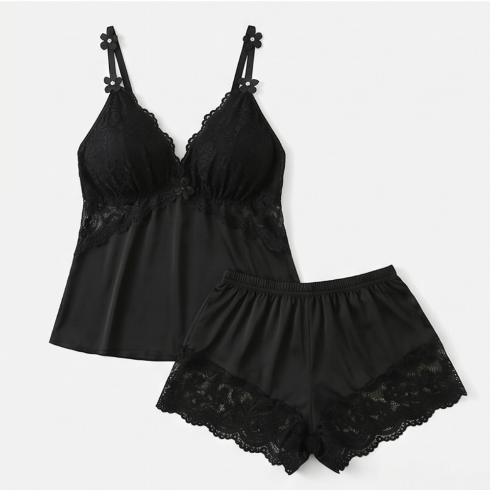 Lace Trim Satin Pajama Set