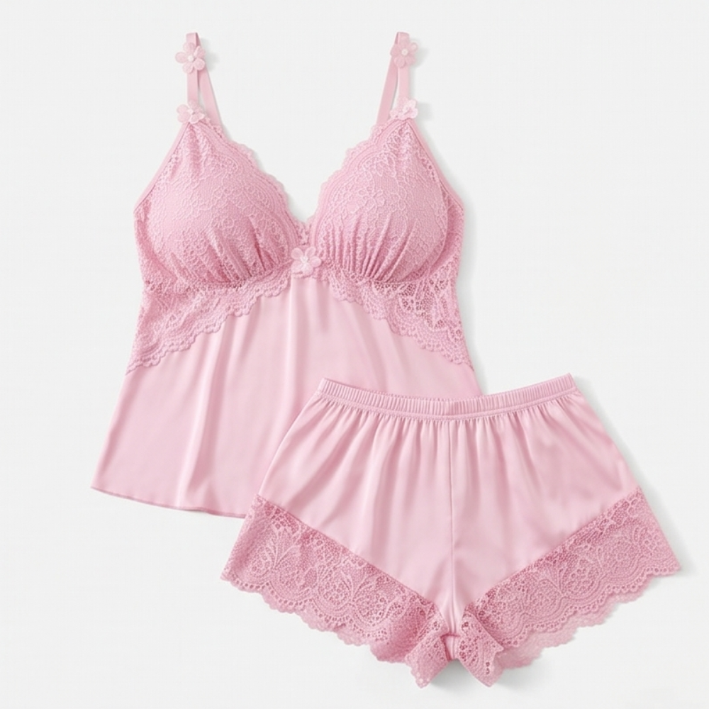 Lace Trim Satin Pajama Set