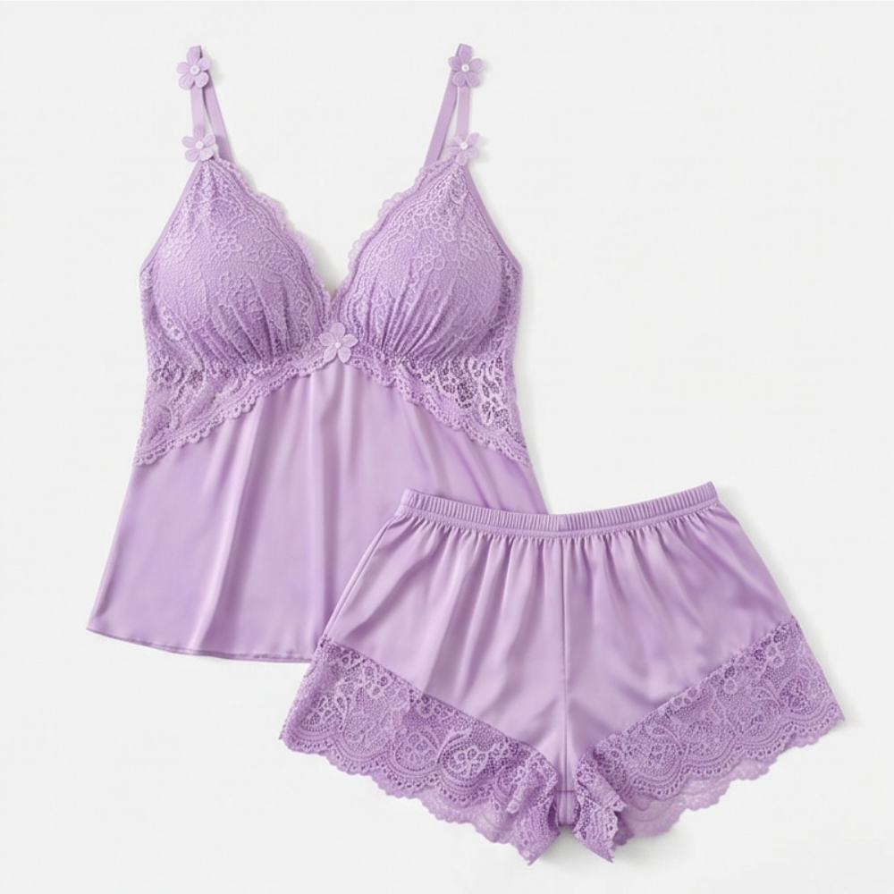 Lace Trim Satin Pajama Set