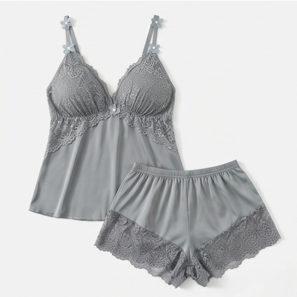 Lace Trim Satin Pajama Set