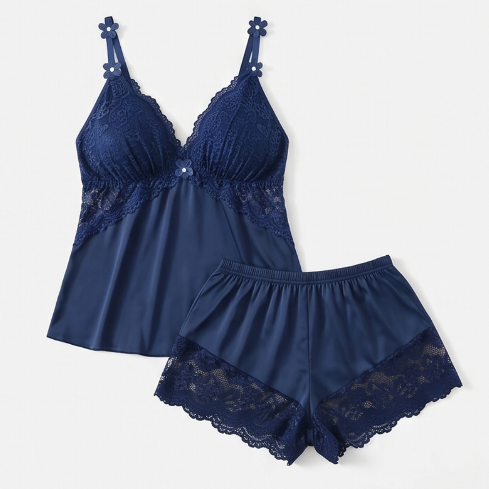 Lace Trim Satin Pajama Set