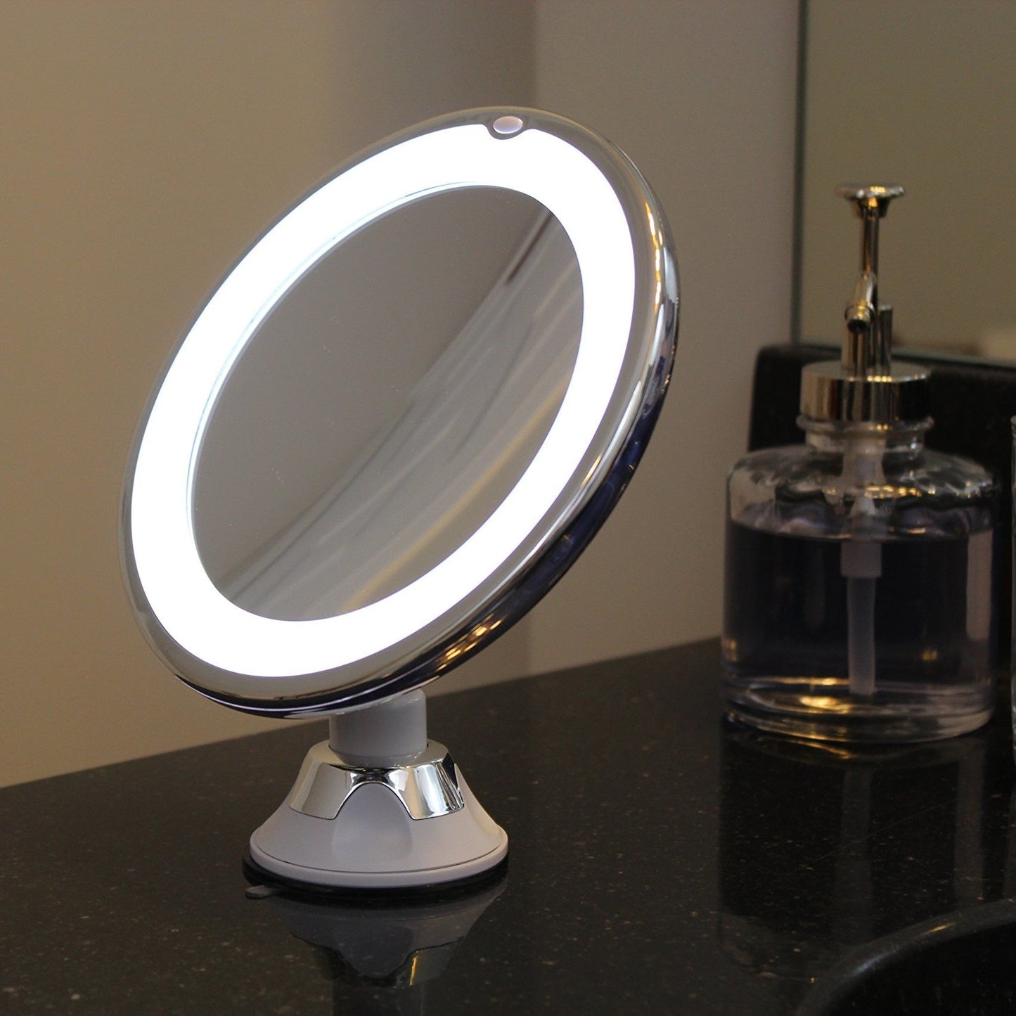 Lighted Makeup Mirror with 10x Magnification, LED Ring Light, and 360° Swivel