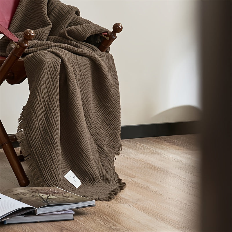 Lightweight 4-Layer Cotton Gauze Blanket with Decorative Fringe