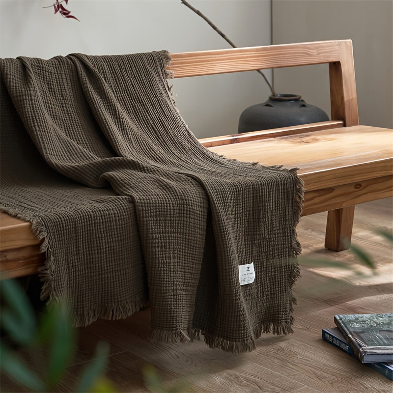 Lightweight 4-Layer Cotton Gauze Blanket with Decorative Fringe