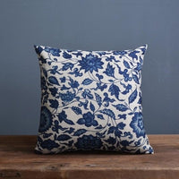Linen-Cotton Blend Cushion Cover with Porcelain Pattern