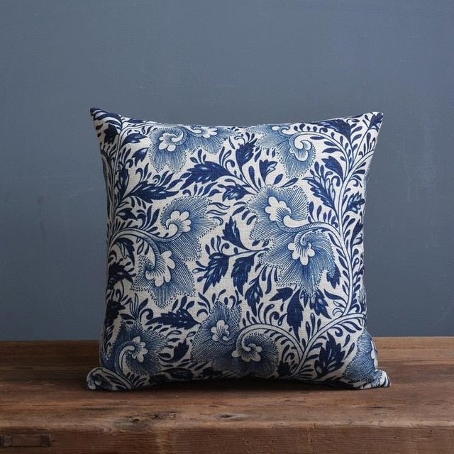 Linen-Cotton Blend Cushion Cover with Porcelain Pattern