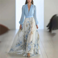 Maxi Floral Dress with Plunging V-Neck and Long Sleeves