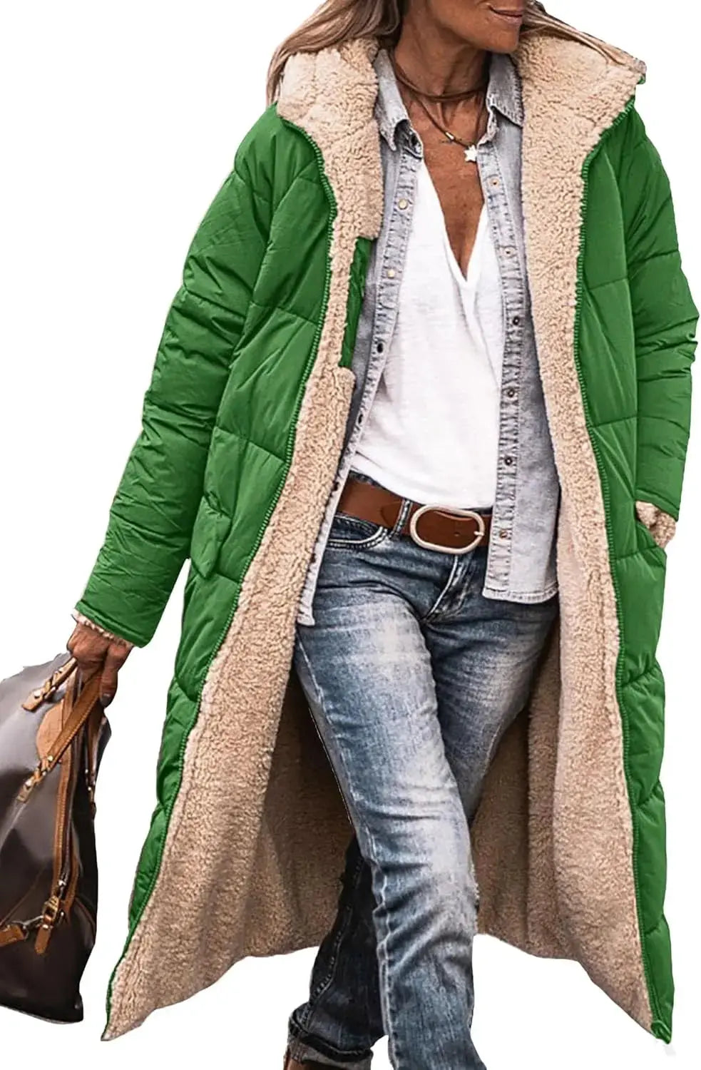 Long Puffer Coat with Fleece Lining and Hood