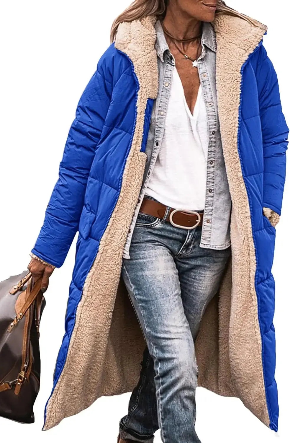 Long Puffer Coat with Fleece Lining and Hood
