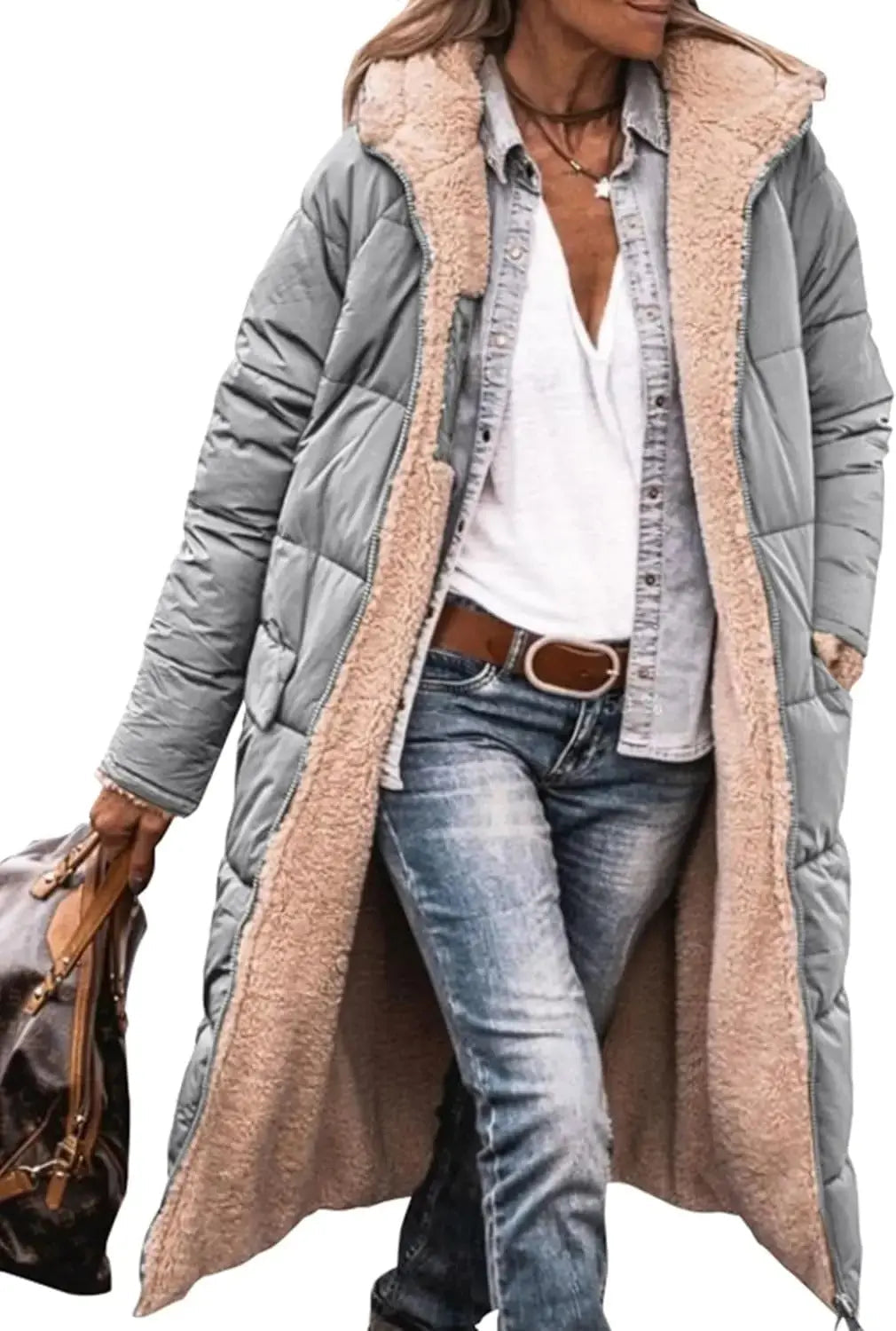 Long Puffer Coat with Fleece Lining and Hood