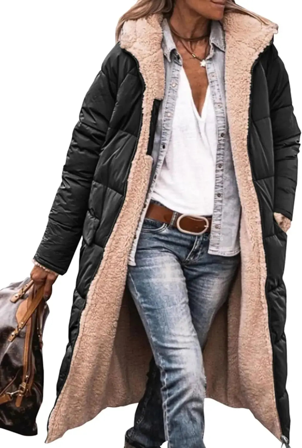 Long Puffer Coat with Fleece Lining and Hood