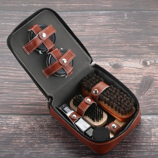 LuxeShine Shoe Care Kit 9 Pieces | Premium Horsehair Brush and Polish Kit for Leather Care