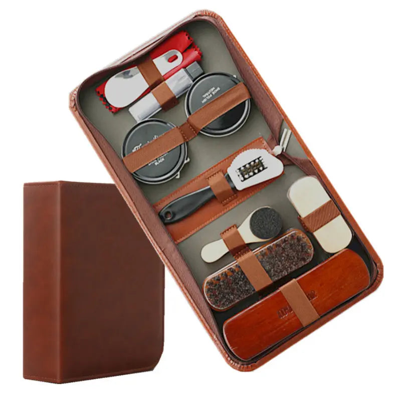 LuxeShine Shoe Care Kit 9 Pieces | Premium Horsehair Brush and Polish Kit for Leather Care
