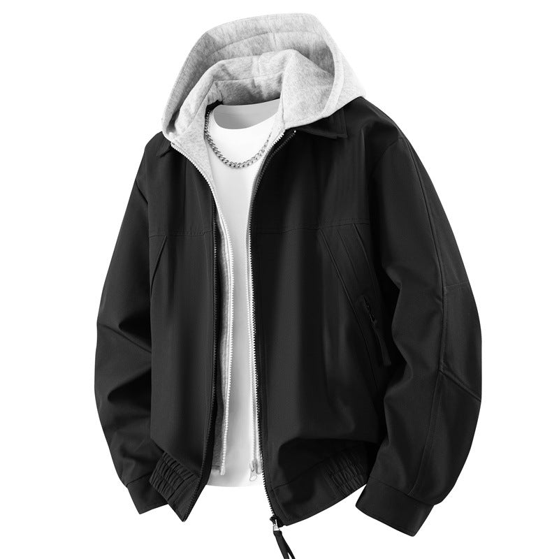 Men's Casual Layered Bomber Jacket with Integrated Hooded Inner Jacket, Two-Way Zipper & Elastic Hem