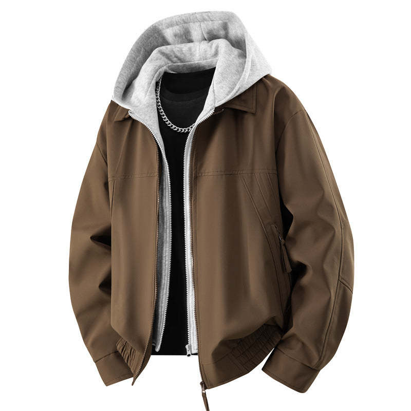 Men's Casual Layered Bomber Jacket with Integrated Hooded Inner Jacket, Two-Way Zipper & Elastic Hem